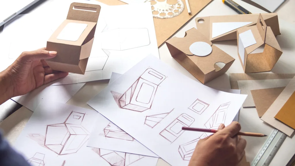 Sketches for innovative packaging along with many boxes on a table