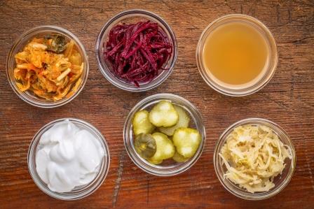 Fermented foods for gut health. Kimchi, yogurt, mirin and fermented vegetables