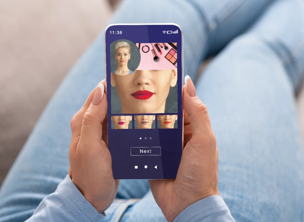 Augmented Reality Beauty App. Women Trying Different Lipstick Color Makeup On Smartphones